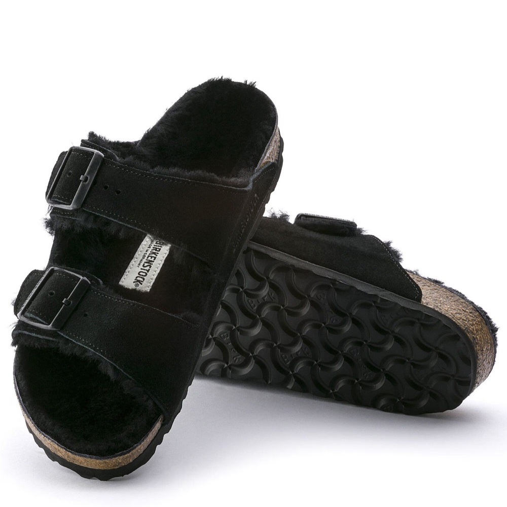 Birkenstock Black Suede Shearling Two-Strap Sandals